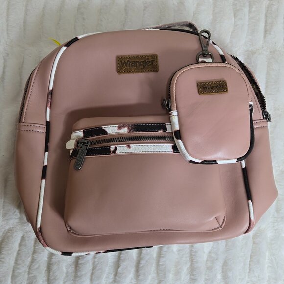 NEW Montana West Wrangler Cow Print Pink Bk, Wt, Bn Backpack w Coin Purse (NWT) - Picture 1 of 6